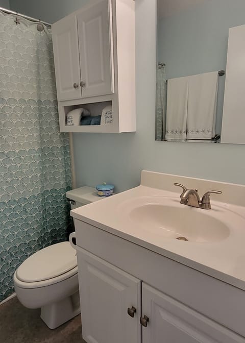 Combined shower/tub, hair dryer, towels, soap