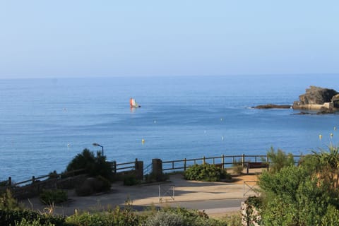 On the beach, sun loungers