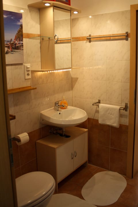 Combined shower/tub, hair dryer, towels, soap