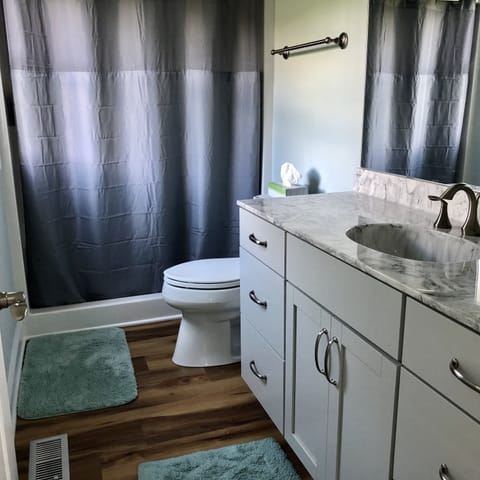 Combined shower/tub, hair dryer, towels, soap