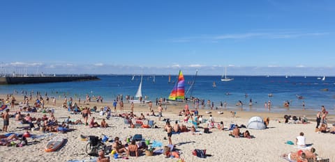 On the beach, sun loungers