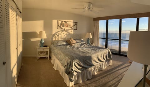Floor to ceiling views of crashing waves. Blackout curtains w/ Velcro closures.