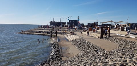 On the beach, sun loungers