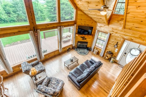 TV, fireplace, books