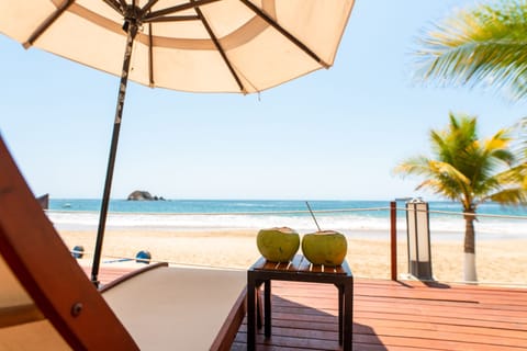 On the beach, sun loungers