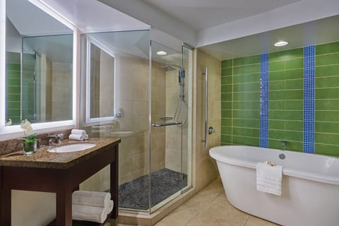 Shower, jetted tub, hair dryer, towels