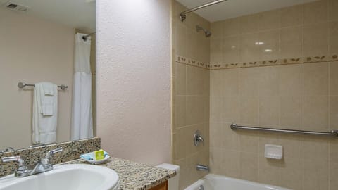 Combined shower/tub, hair dryer, towels, soap