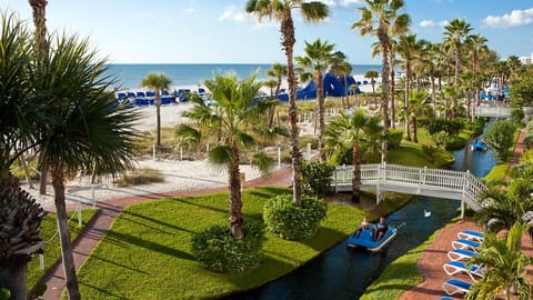 On the beach, sun loungers, beach towels