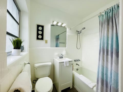 Combined shower/tub, hair dryer, towels, soap