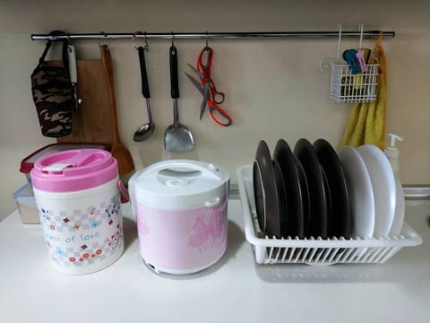 Fridge, microwave, toaster, cookware/dishes/utensils