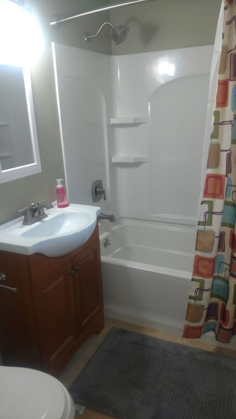 Combined shower/tub, hair dryer, towels, soap