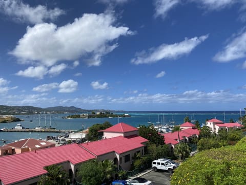 Outstanding view from condo gallery overlooking Christiansted Harbor and the Cay