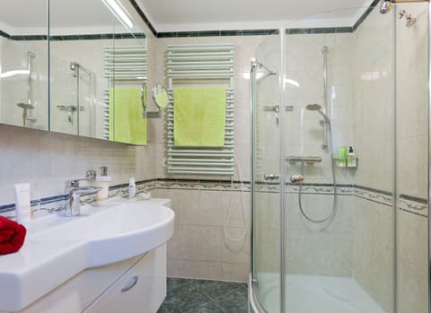 Combined shower/tub, hair dryer, towels, soap