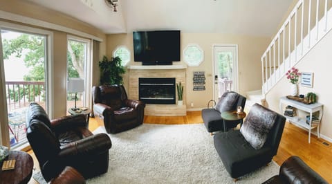 Smart TV, fireplace, DVD player, books