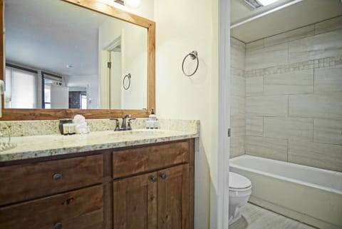 Combined shower/tub, hair dryer, towels