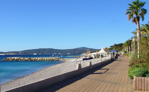 On the beach, sun loungers