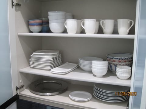 Fridge, microwave, cookware/dishes/utensils