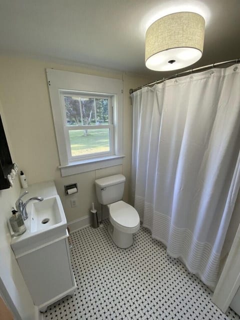 Combined shower/tub, hair dryer, towels, soap