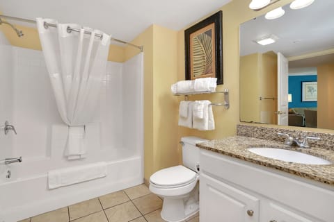 Combined shower/tub, hair dryer, towels, toilet paper