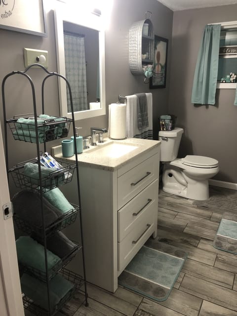 Combined shower/tub, jetted tub, hair dryer, towels