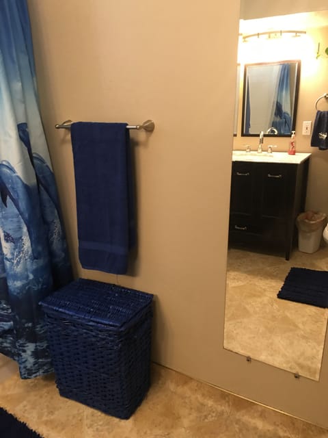 Combined shower/tub, hair dryer, towels, soap