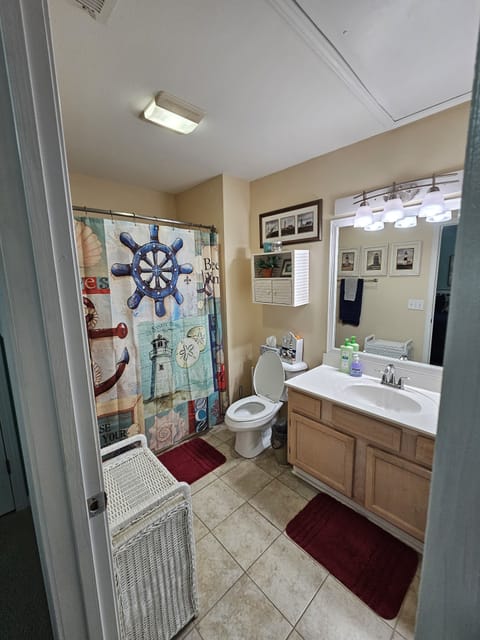 Combined shower/tub, hair dryer, towels, soap