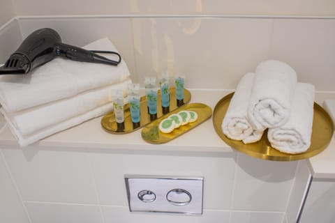 Combined shower/tub, hair dryer, towels, soap