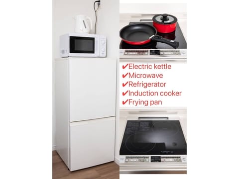 Fridge, microwave, stovetop, cookware/dishes/utensils