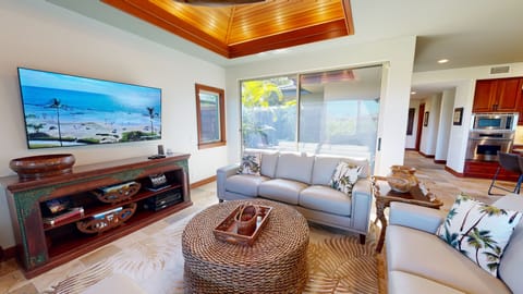 Comfy new couches in living room for relaxing after a day of adventures.