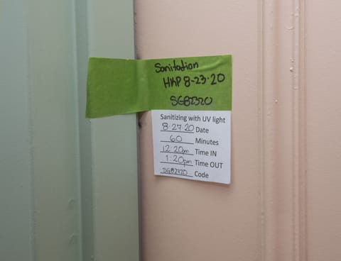 Room Sealed after enhanced cleaning and sanitation, white tag shows date of UV-C