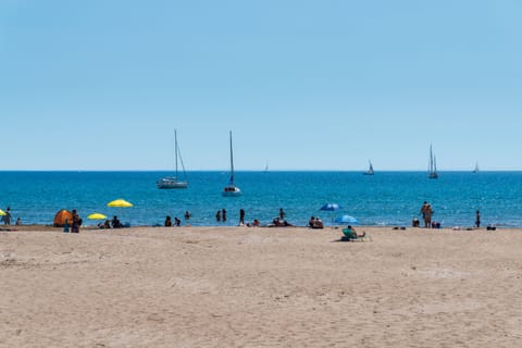 Beach nearby, sun loungers