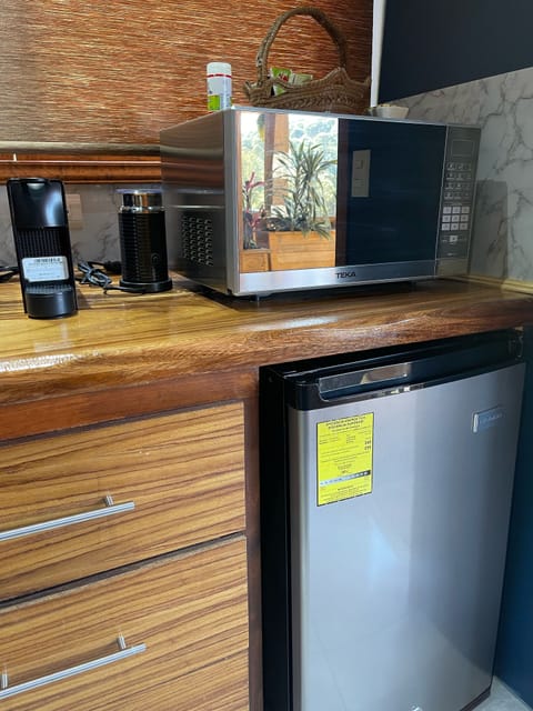 Fridge, microwave, coffee/tea maker, blender