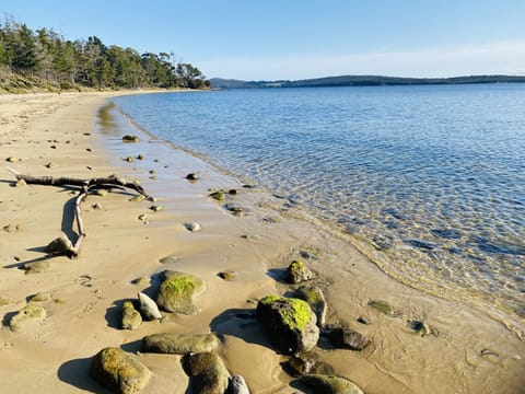 On the beach, sun loungers, beach towels