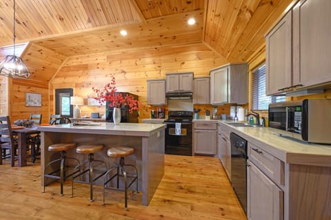 Keurig & coffee maker plus fully stocked kitchen to prepare meals for your crew.