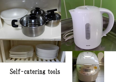 Fridge, microwave, stovetop, cookware/dishes/utensils