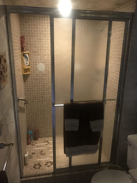 Combined shower/tub, hair dryer, towels