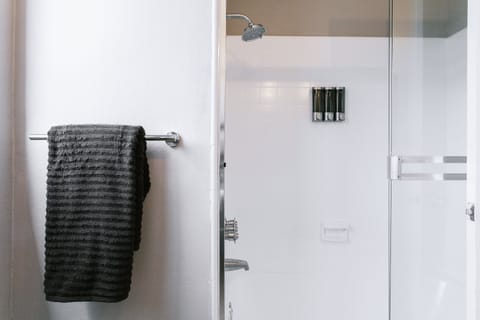 Combined shower/tub, hair dryer, towels, soap