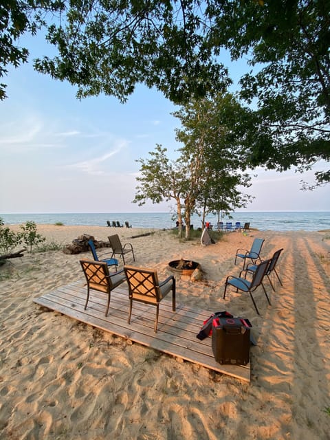 On the beach, sun loungers, beach towels