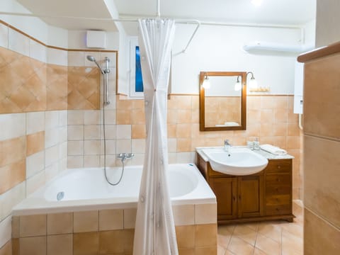 Combined shower/tub, hair dryer, towels, soap