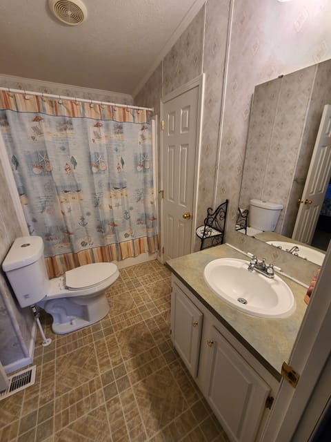 Combined shower/tub, hair dryer, toilet paper