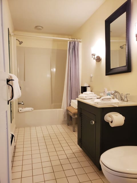 Combined shower/tub, hair dryer, towels