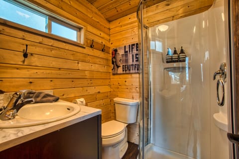 Brand new Kohler comfort height toilet, Ove Shower w/Glass door, counter space.