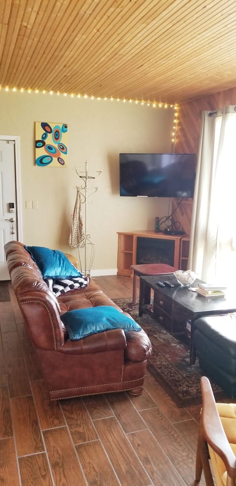 TV, fireplace, books, stereo