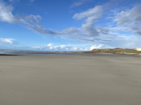 On the beach, sun loungers