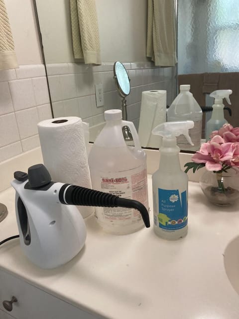 Combined shower/tub, hair dryer, towels, soap