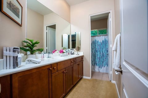 Combined shower/tub, jetted tub, hair dryer, towels