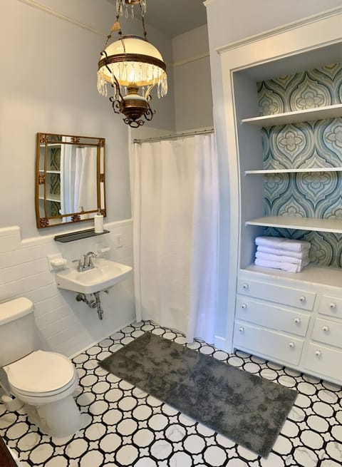 Combined shower/tub, hair dryer, towels