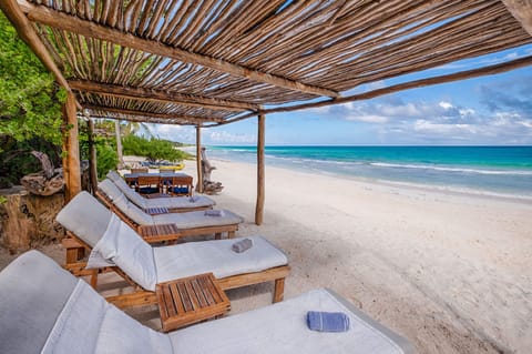 On the beach, sun loungers, beach towels