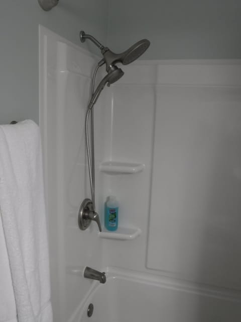 Combined shower/tub, hair dryer, towels, toilet paper