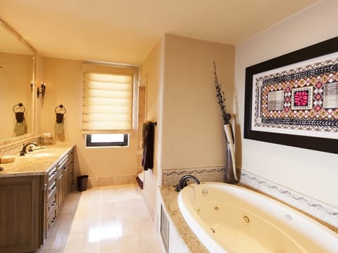 Bathtub, jetted tub, hair dryer, towels